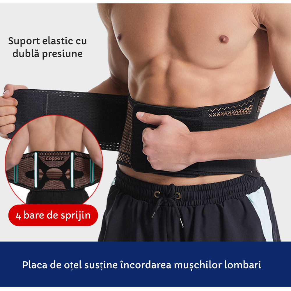 Centura Compresie Lombara Dubla cu Fir de Cupru si Magneti CuproSmart®, Reglabila, 4 Bare de sprijin