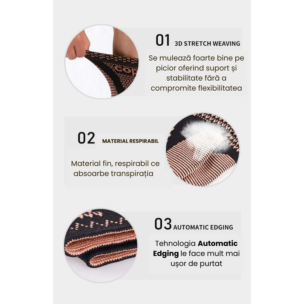 Set 2 sosete de compresie pentru Glezna cu fir de cupru CuproSmart®, Spor - Cuprosmart